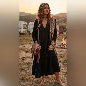 Xirena Gauzy Cotton Tiered Midi Dress Size M V Neck Dark Gypsy Flowy Boho